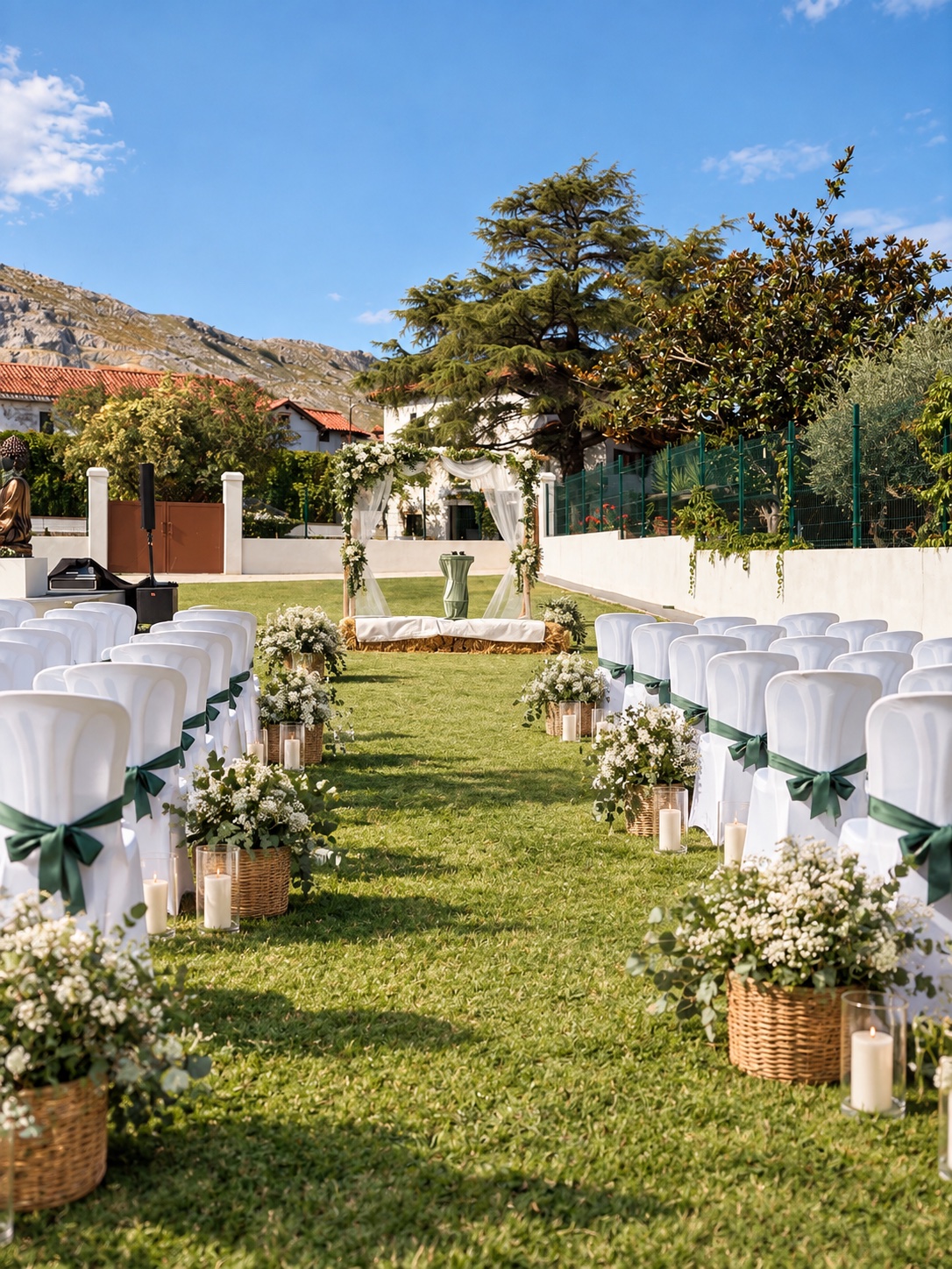 Arco floral de ceremonia con tela blanca