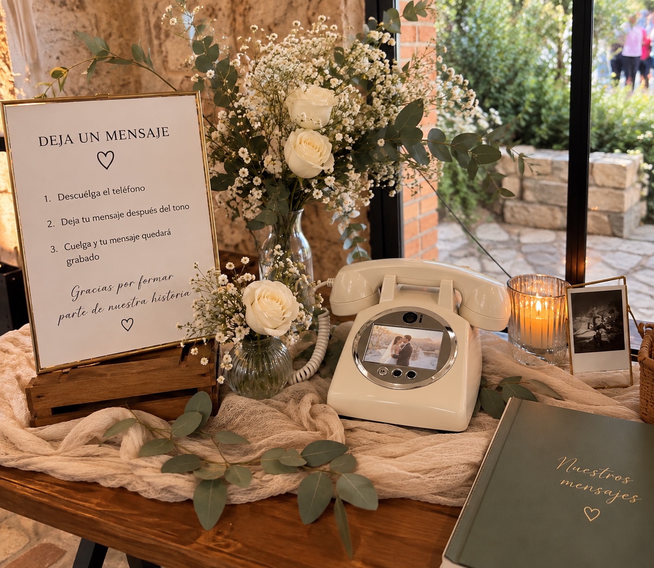 Teléfono de audio guestbook sobre una mesa con flores, cartel «Deja un mensaje» y libro de mensajes